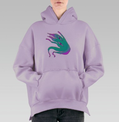 Фиолетовое существо с глазами на сером фоне, Hoodie Oversize Fiolet, утепленная