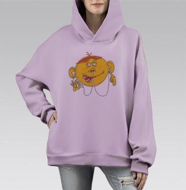 Желтое лицо с наушниками и юмором наушниками и юмором, Hoodie Mono Fiolet, оверсайз, утепленная