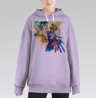 Женщина с цветами и воин в восточном стиле на сером фоне, Hoodie Long Oversize Fiolet