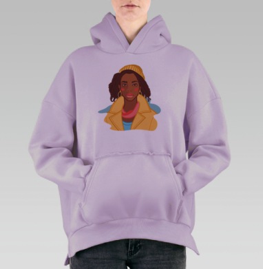 Женщина в оранжевой шапке и бежевом тренче образ женщины, Hoodie Oversize Fiolet, утепленная