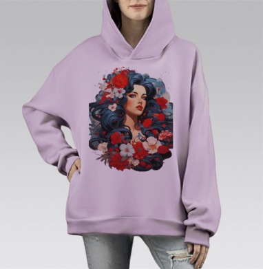 Женский портрет с синими волосами и красными цветами красными цветами, Hoodie Mono Fiolet, оверсайз, утепленная