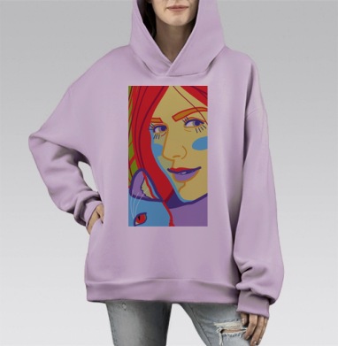 Женское лицо с котом в ярких цветах на фоне, Hoodie Mono Fiolet, оверсайз, утепленная