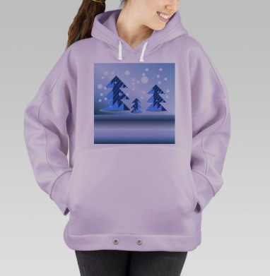 Геометрические синие зимние ёлки на фоне снега зимнего вечера, Hoodie Oversize Fiolet