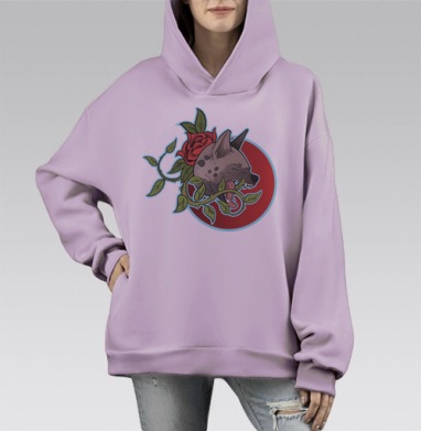 Гиена рычит среди красных роз и растений, Hoodie Mono Fiolet, оверсайз, утепленная