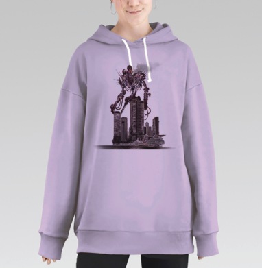 Гигантский зловещий робот над городскими небоскребами и яхтами, Hoodie Long Oversize Fiolet