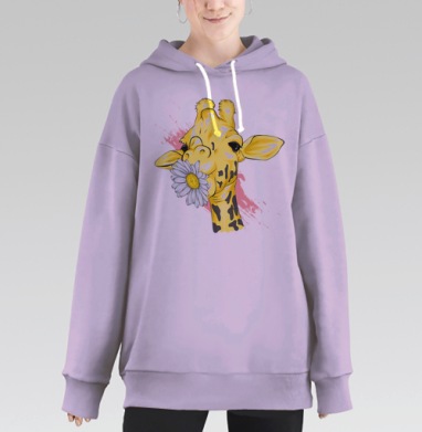 Жираф с цветком герберы на зелёном фоне, Hoodie Long Oversize Fiolet