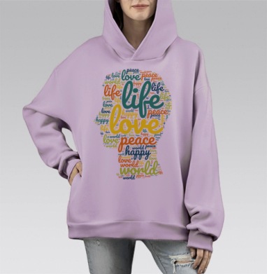 Жизнь любовь мир счастье живи в любви, Hoodie Mono Fiolet, оверсайз, утепленная