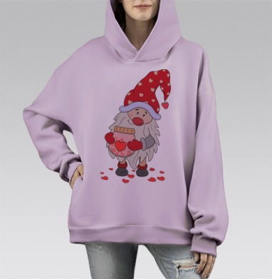 Гном с баночкой счастья и сердечками ко Дню всех влюблённых, Hoodie Mono Fiolet, оверсайз, утепленная