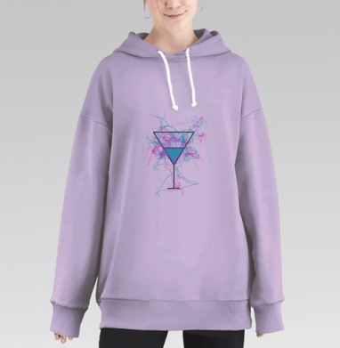 Голубой бокал с розово голубыми линиями вокруг на белом фоне, Hoodie Long Oversize Fiolet