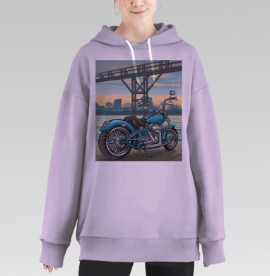 Голубой мотоцикл на фоне городской реки и моста, Hoodie Long Oversize Fiolet