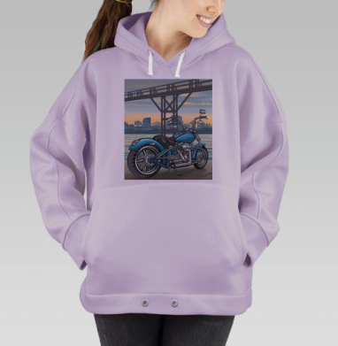 Голубой мотоцикл на фоне городской реки и моста, Hoodie Oversize Fiolet