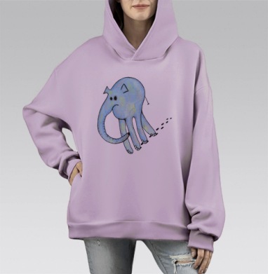 Голубой слон с четырьмя ногами идет следами, Hoodie Mono Fiolet, оверсайз, утепленная