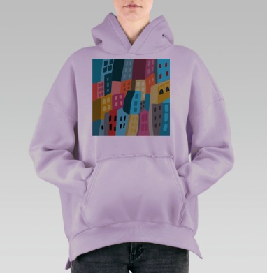 Город необычных строений с цветами в центре странствий, Hoodie Oversize Fiolet, утепленная