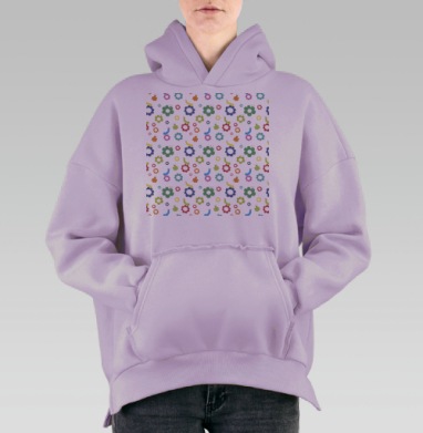 Гусеницы среди цветов жизнерадостные на сером фоне, Hoodie Oversize Fiolet, утепленная