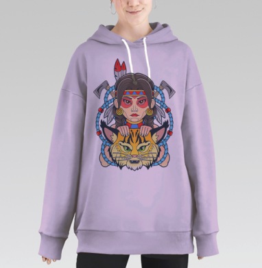 Индейская девушка с рысью в воинском образе, Hoodie Long Oversize Fiolet