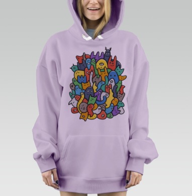 Весёлое собрание мультяшных монстров doodle art, Hoodie Mjhigh Dig Mel, Fiolet, утепленная