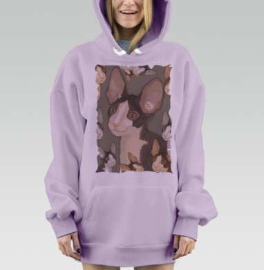 Коричнево белый кот с большими ушами и выразительными глазами, Hoodie Mjhigh Dig Mel, Fiolet, утепленная