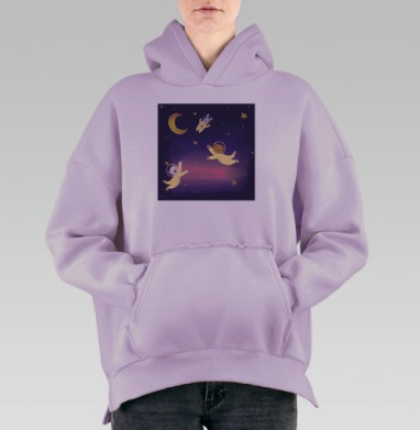 Космические медведи заяц в невесомости ночного неба, Hoodie Oversize Fiolet, утепленная