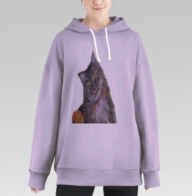 Кот с осенним листом пушистый взгляд глазами, Hoodie Long Oversize Fiolet