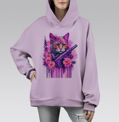 Кот с винтовкой в цветах кот с винтовкой в цветах, Hoodie Mono Fiolet, оверсайз, утепленная
