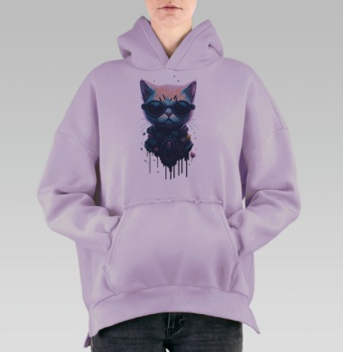 Кот в очках с киберпанк элементами стиль кот в очках, Hoodie Oversize Fiolet, утепленная