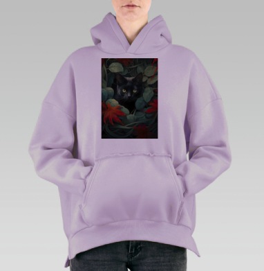 Кот в зеленой листве с красными листьями Кот в листве, Hoodie Oversize Fiolet, утепленная