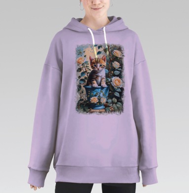Котёнок в цветочном горшке среди роз котёнок в горшке, Hoodie Long Oversize Fiolet