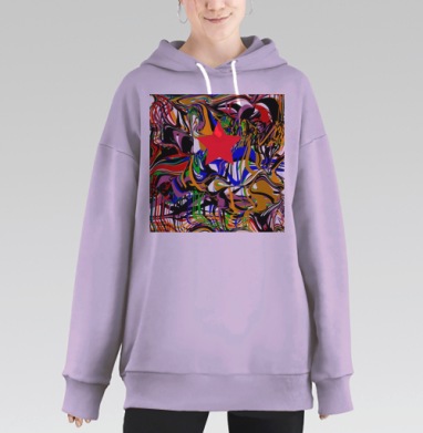 Красная звезда на динамичном абстрактном фоне с разводами, Hoodie Long Oversize Fiolet