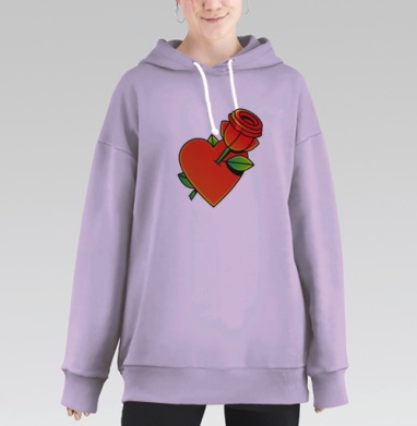 Красное сердце с розой и зелёными листьями на сером фоне, Hoodie Long Oversize Fiolet