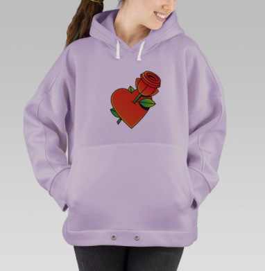 Красное сердце с розой и зелёными листьями на сером фоне, Hoodie Oversize Fiolet