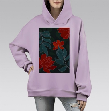 Красные цветы и сине зеленые листья на темном фоне, Hoodie Mono Fiolet, оверсайз, утепленная
