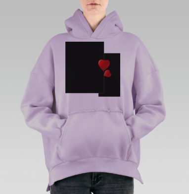Красные сердца на черном фоне парят надписи, Hoodie Oversize Fiolet, утепленная