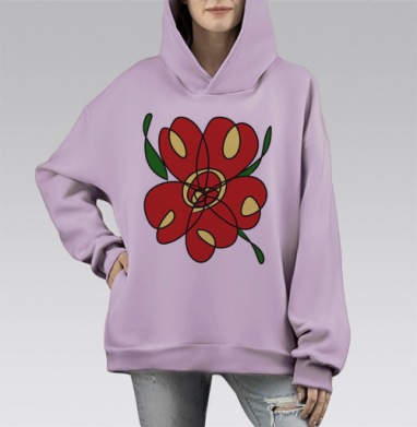 Красный цветок абстракция зеленый лист способный визуально, Hoodie Mono Fiolet, оверсайз, утепленная