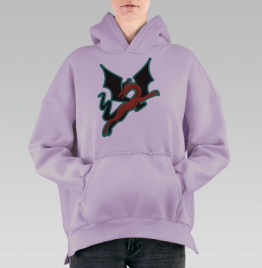 Красный дракон с черными крыльями летит в динамике, Hoodie Oversize Fiolet, утепленная