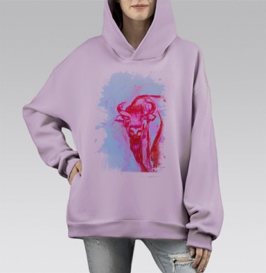 Красный зубр на белом фоне красный бык на сером фоне, Hoodie Mono Fiolet, оверсайз, утепленная