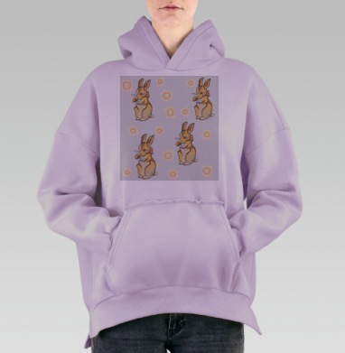 Кролики с чашками в теплых тонах на белом фоне, Hoodie Oversize Fiolet, утепленная
