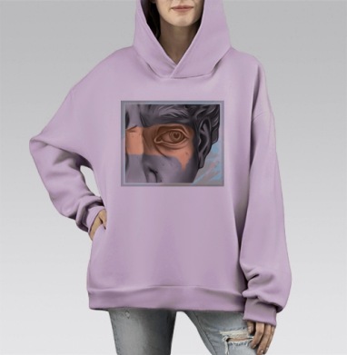 Крупный портрет с сердцем в глазу глазами, Hoodie Mono Fiolet, оверсайз, утепленная