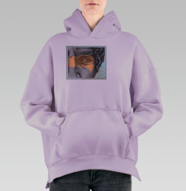Крупный портрет с сердцем в глазу глазами, Hoodie Oversize Fiolet, утепленная