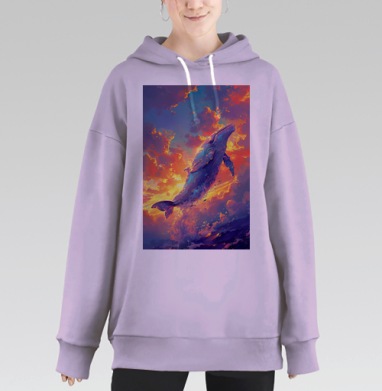 Летающий фэнтези кит в динамичном воздушном полёте, Hoodie Long Oversize Fiolet