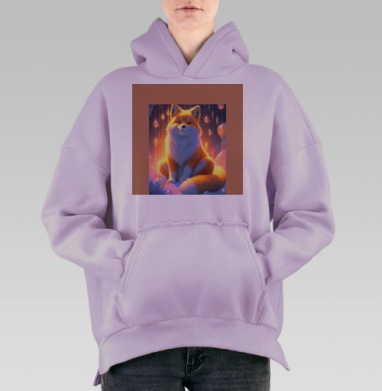 Лисёнок в сказочном свете теплых огоньков на снегу, Hoodie Oversize Fiolet, утепленная