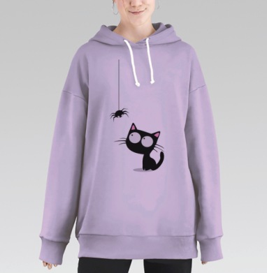 Любопытный черный кот наблюдает паука сверху на паутине, Hoodie Long Oversize Fiolet
