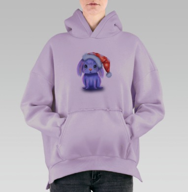 Любопытный сиреневый зайчик в рождественской шапке зимние моменты, Hoodie Oversize Fiolet, утепленная