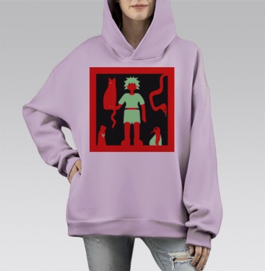 Мальчик с дикими животными в красно черной палитре, Hoodie Mono Fiolet, оверсайз, утепленная