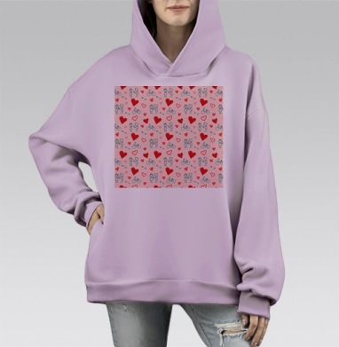Маленькие влюбленные сердца красный черный белый, Hoodie Mono Fiolet, оверсайз, утепленная