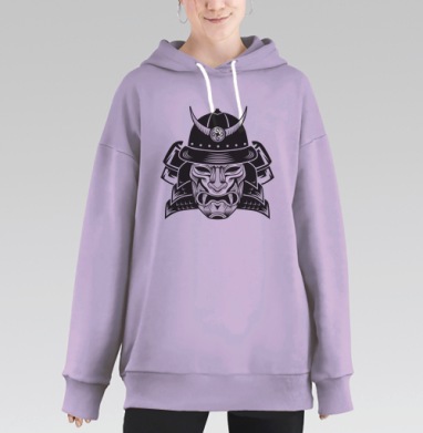 Маска самурая черно белая на сером фоне, Hoodie Long Oversize Fiolet