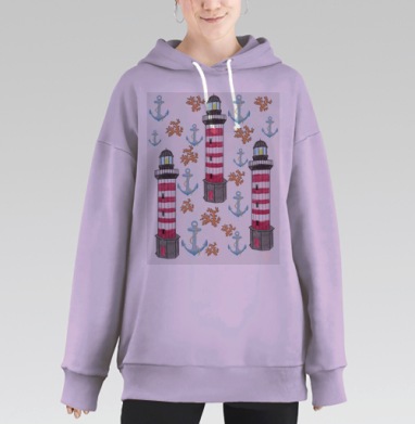 Маяк якоря кораллы красные белые серые голубые на белом фоне, Hoodie Long Oversize Fiolet