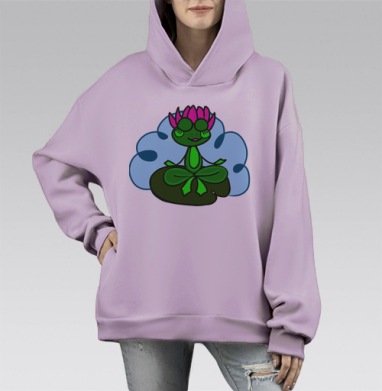 Медитирующая зелёная лягушка на листе кувшинки, Hoodie Mono Fiolet, оверсайз, утепленная