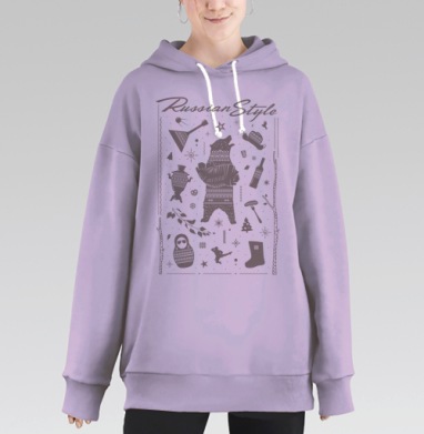 Медведь с балалайкой самовар матрешка валенок, Hoodie Long Oversize Fiolet