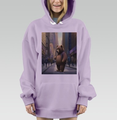 Медведь в мегаполисе городской улице среди прохожих, Hoodie Mjhigh Dig Mel, Fiolet, утепленная