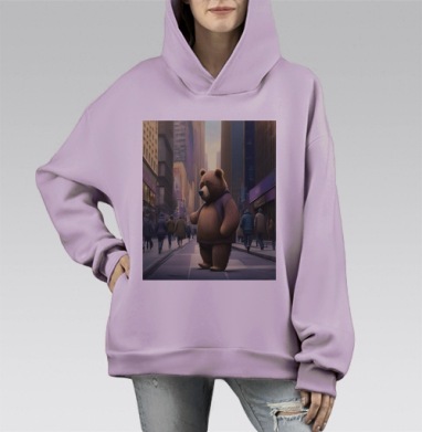 Медведь в мегаполисе городской улице среди прохожих, Hoodie Mono Fiolet, оверсайз, утепленная